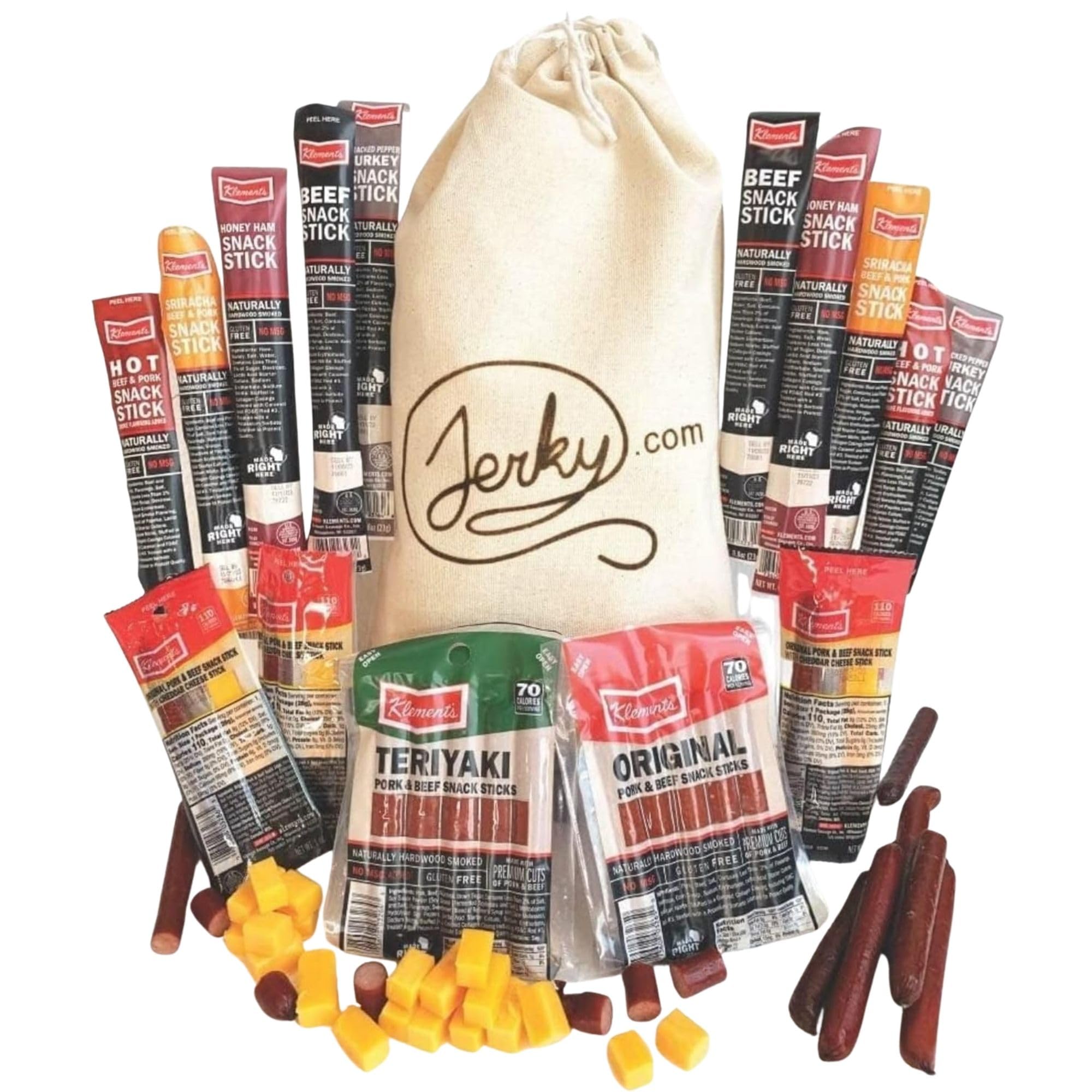 Jerky.com frente del empaque mostrando 26 piezas y bolsa de yute, ideal para regalar