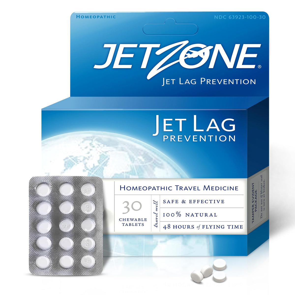 JetZone pack frontal mostrando caja y masticables, práctico para viajar
