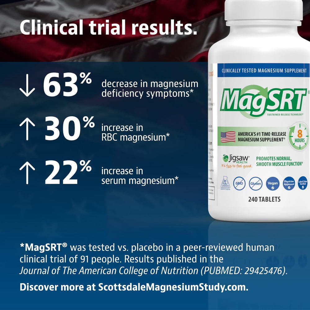 Jigsaw Health MagSRT etiqueta nutricional visible indicando magnesio y vitaminas B