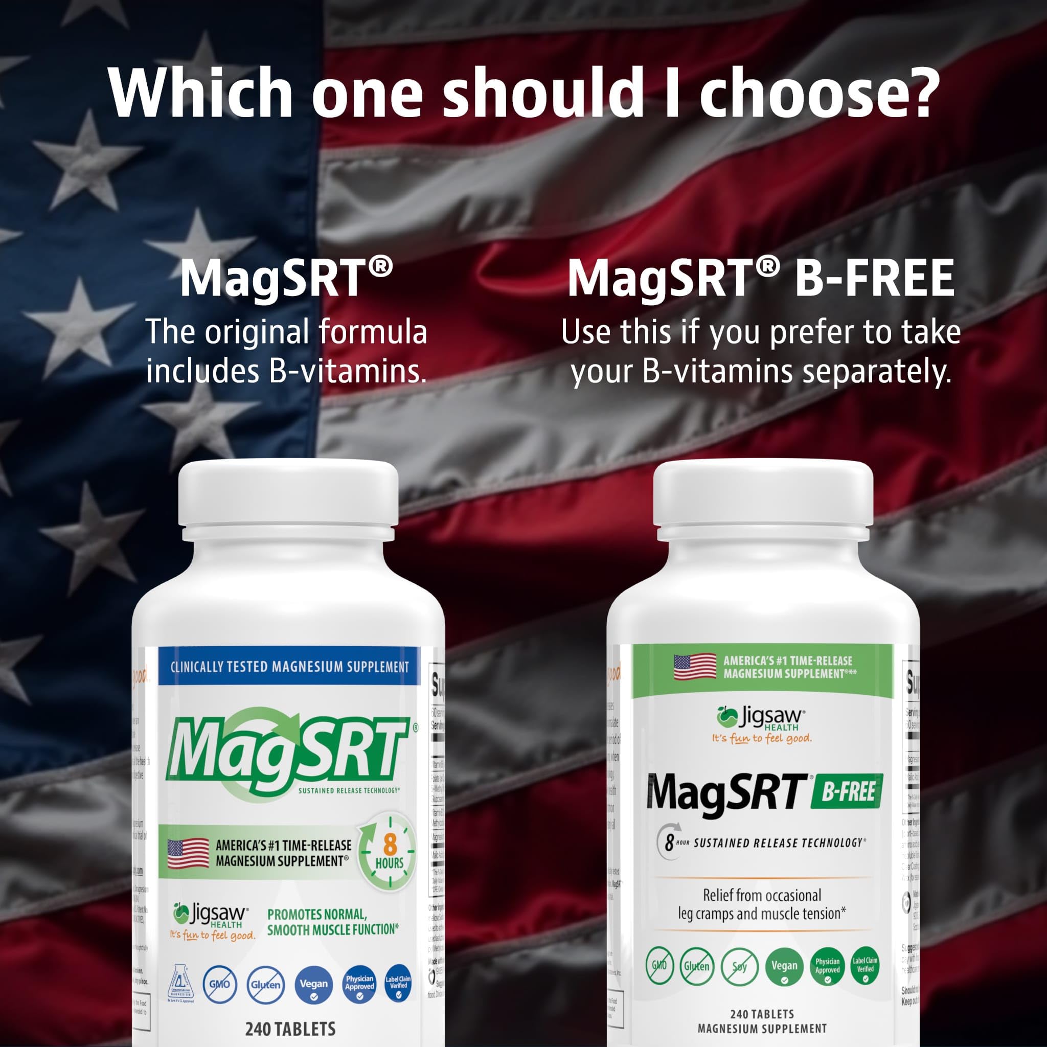 Jigsaw Health MagSRT envase junto a ingredientes clave como ácido málico y vitaminas B