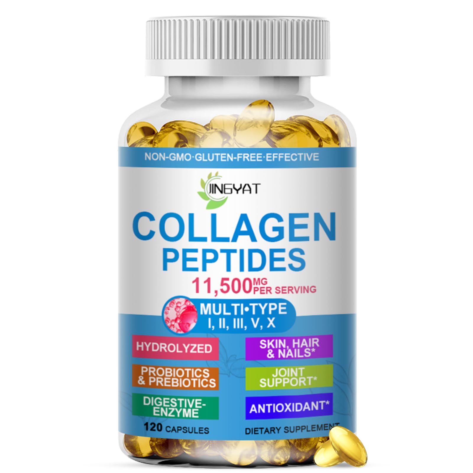 JINGYAT frente del envase mostrando etiqueta y beneficio de multi colágeno