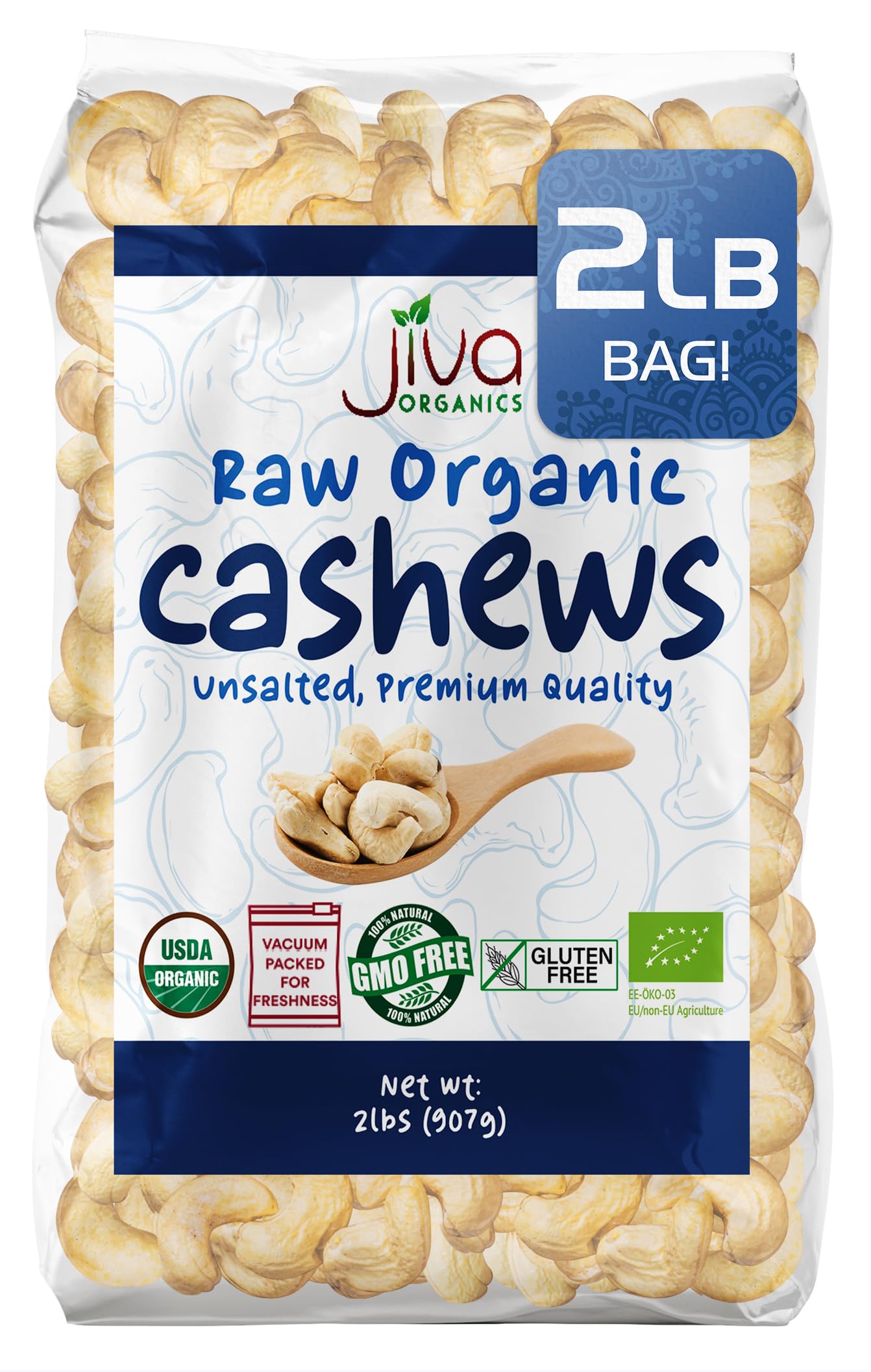 Jiva Organics bolsa frontal mostrando anacardos crudos, conveniente y orgánico