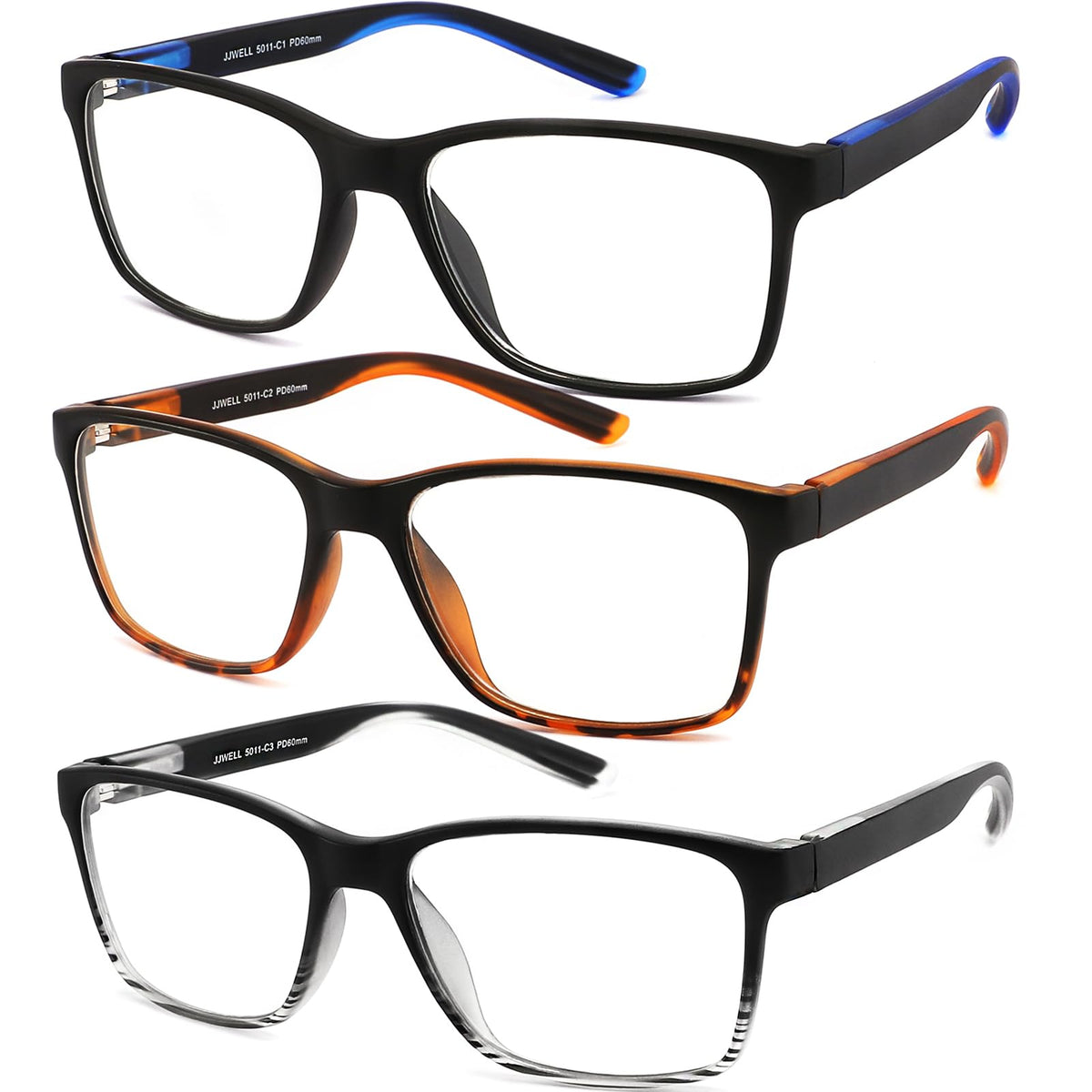 JJWELL vista frontal del pack de tres gafas, diseño elegante y práctico