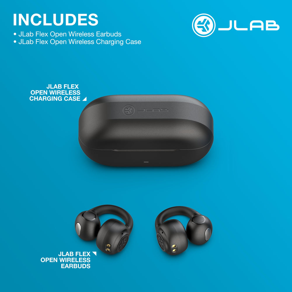 JLab Flex paquete y etiqueta con características y garantía visible