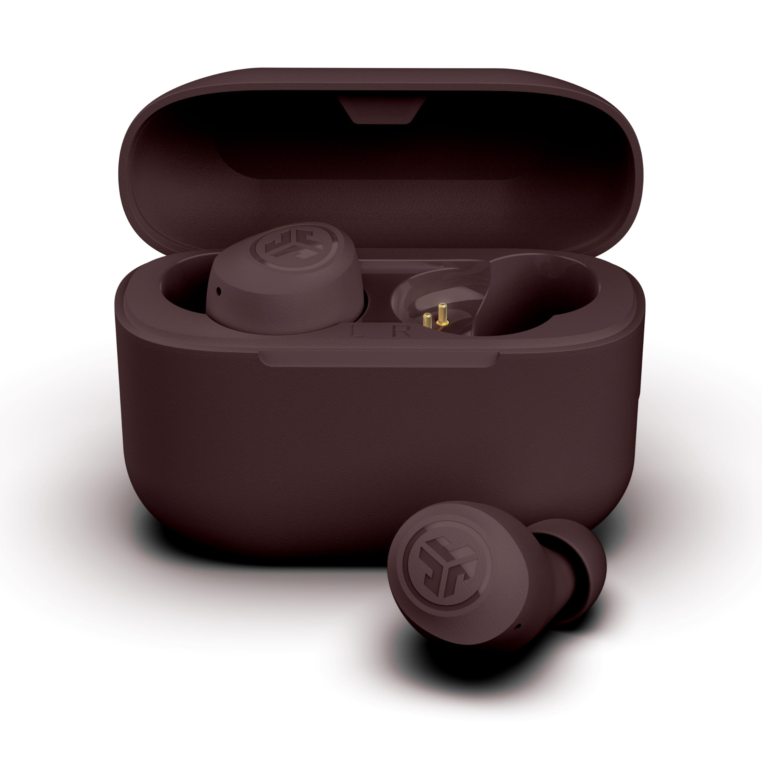 JLab Go Air Pop+ charging case open with earbuds, shows long battery benefit