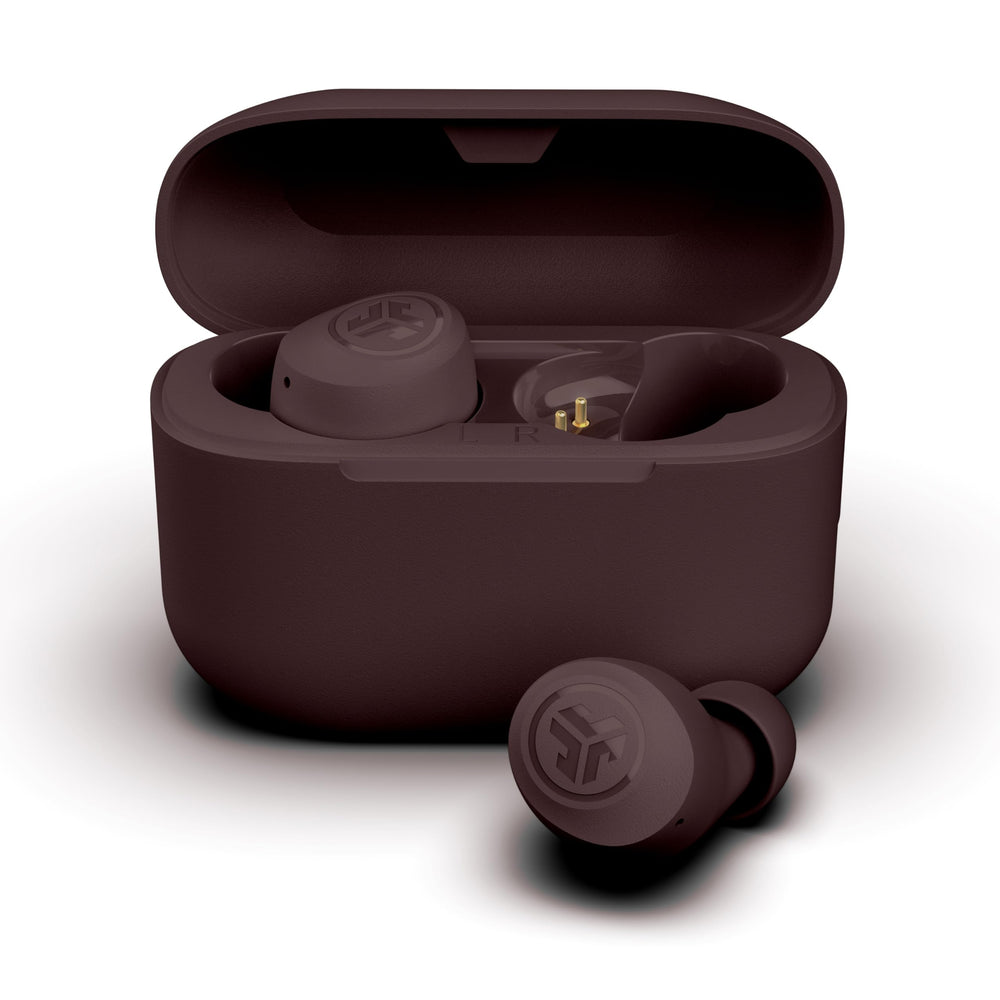 JLab Go Air Pop+ charging case open with earbuds, shows long battery benefit