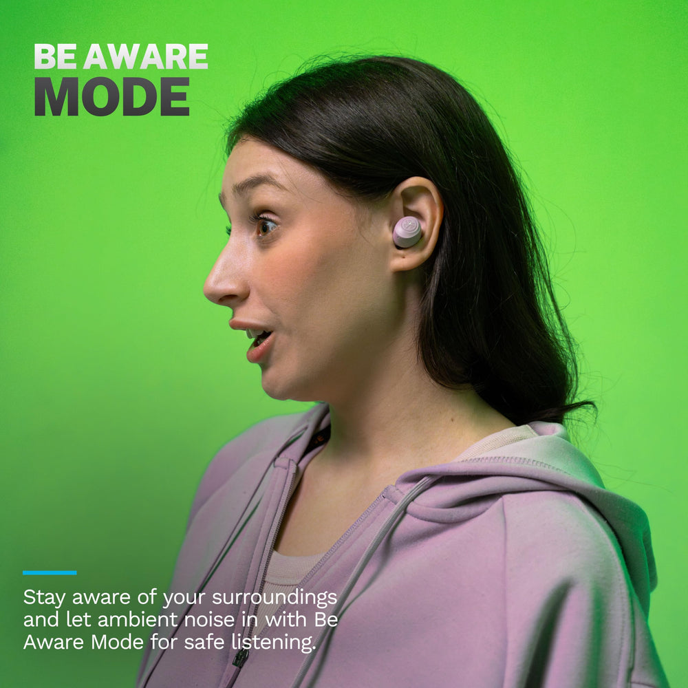 JLab Go Air Pop+ earbud close-up showing textured housing and precise detail for comfort