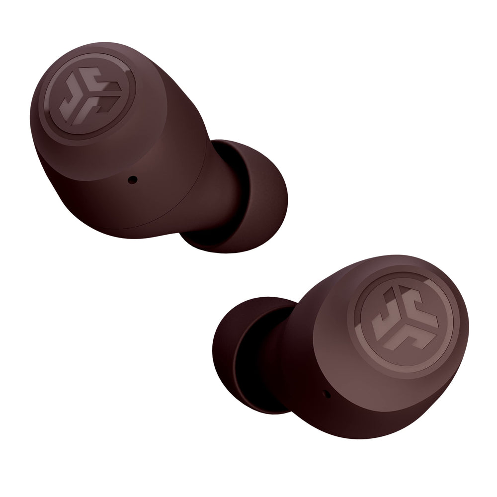 JLab Go Air Pop+ earbud close-up highlighting texture and ergonomic fit benefit