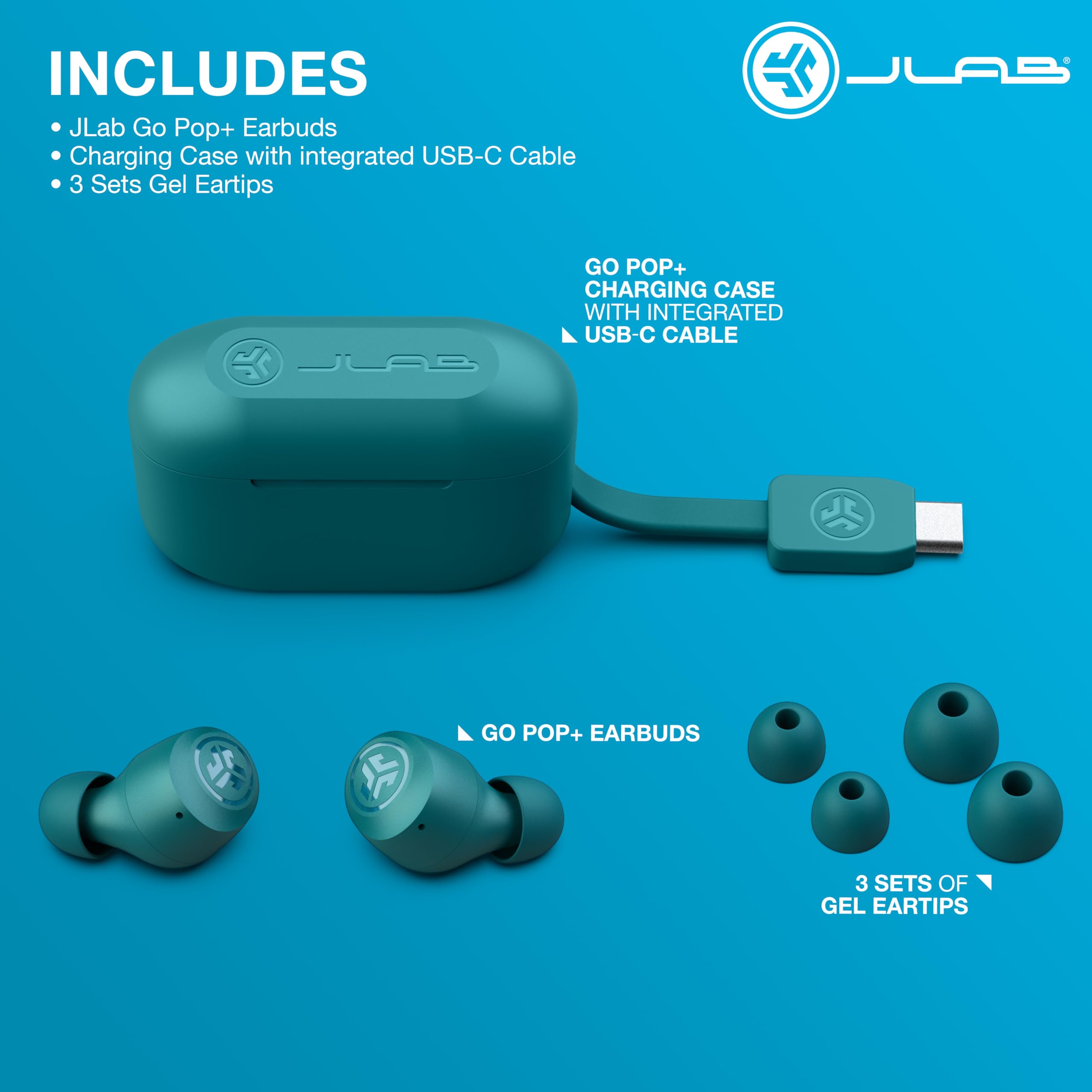 JLab Go Air Pop+ etiqueta de características que resalta batería y IPX4