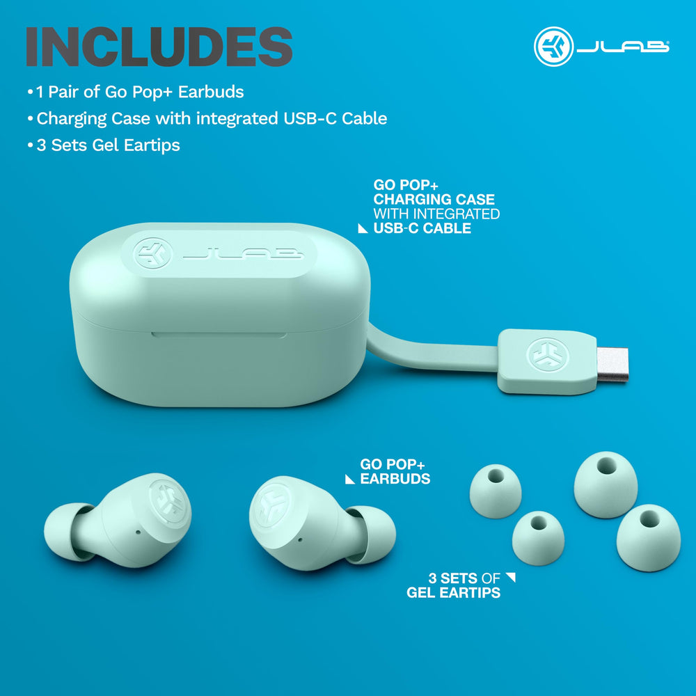 JLab Go Air Pop+ etiqueta con especificaciones y garantía de 2 años
