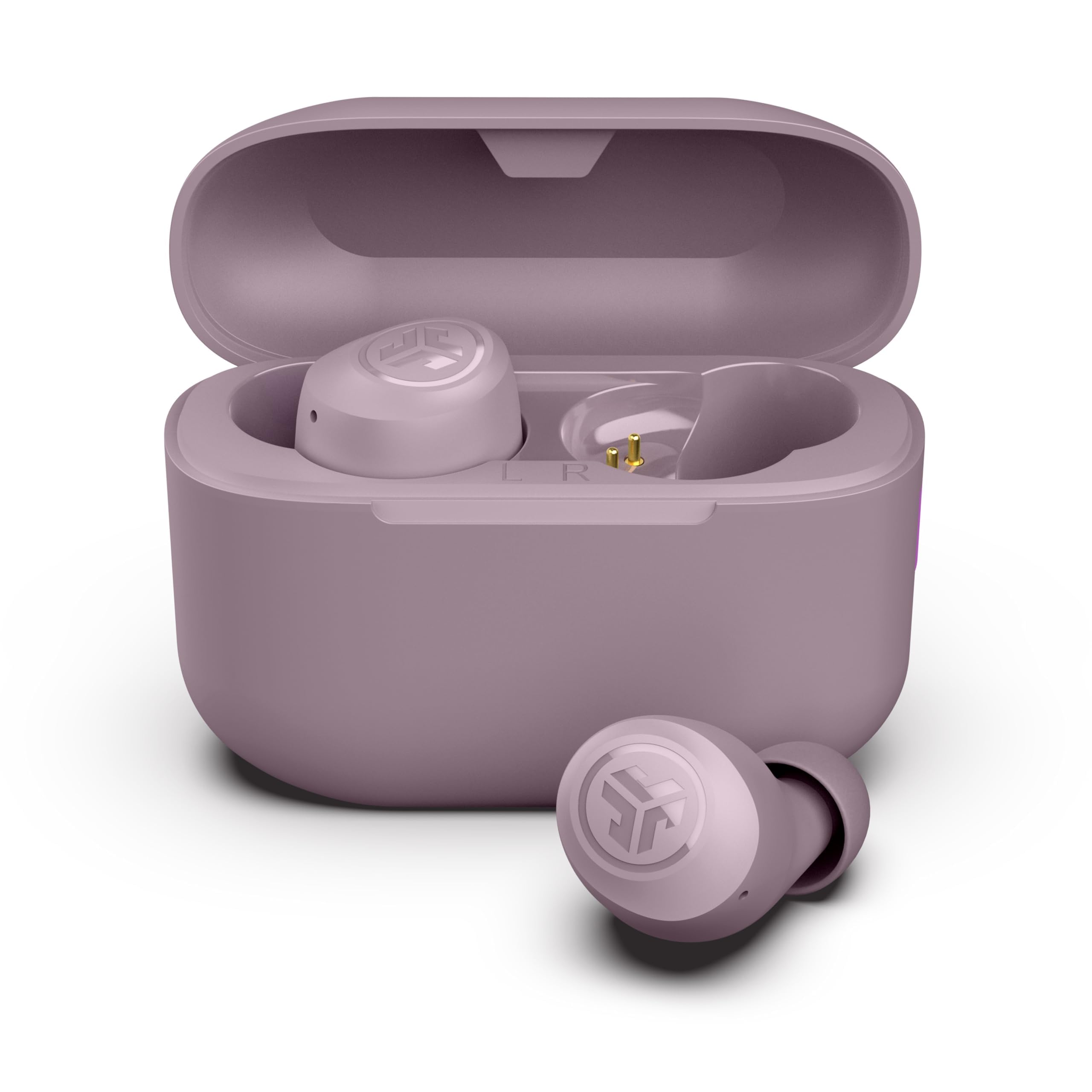 JLab Go Air Pop+ front packaging in mauve showing earbuds and case with clear branding and benefit