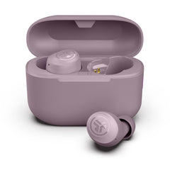 JLab Go Air Pop+ front packaging in mauve showing earbuds and case with clear branding and benefit