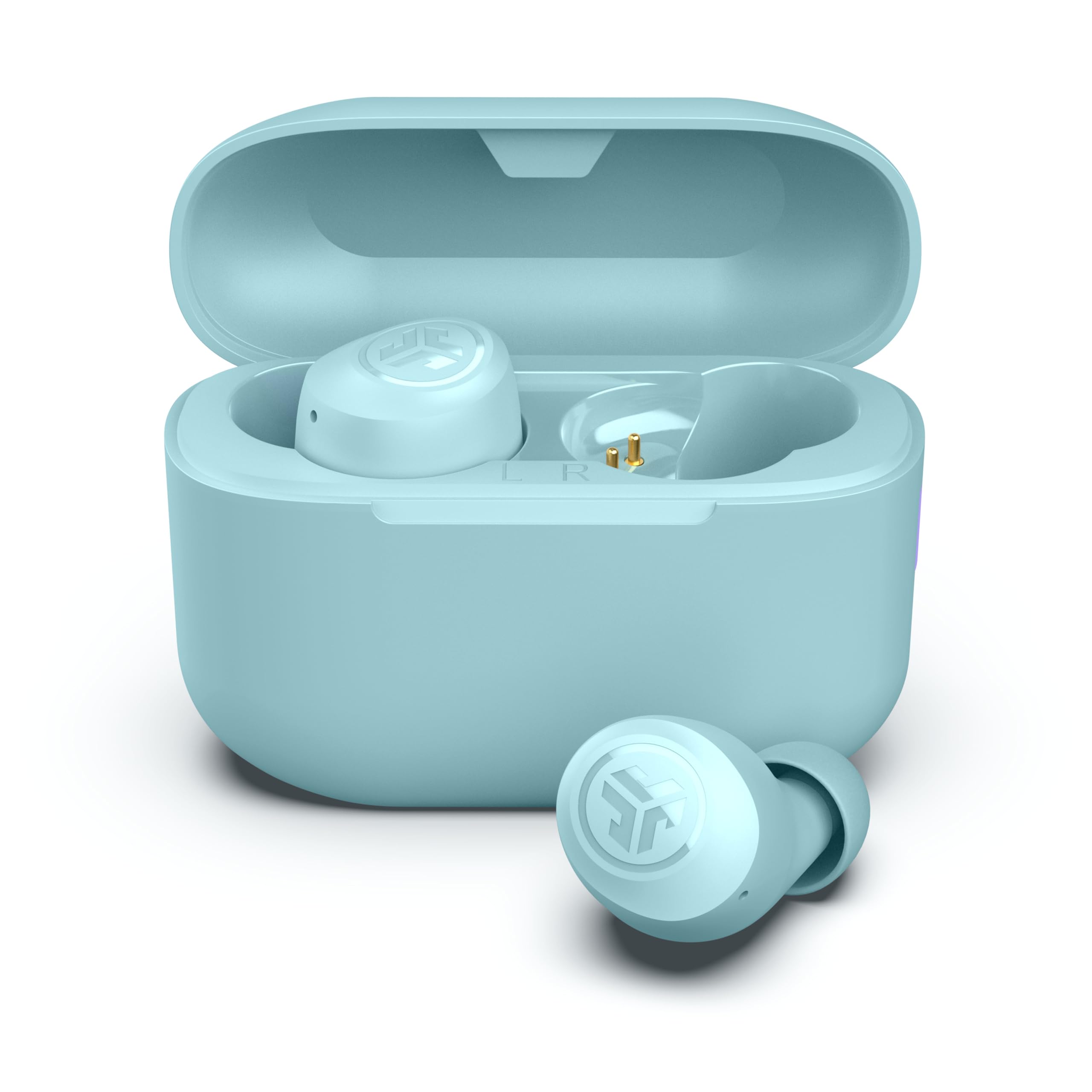 JLab auriculares frontales azul mostrando diseño compacto y cómodo