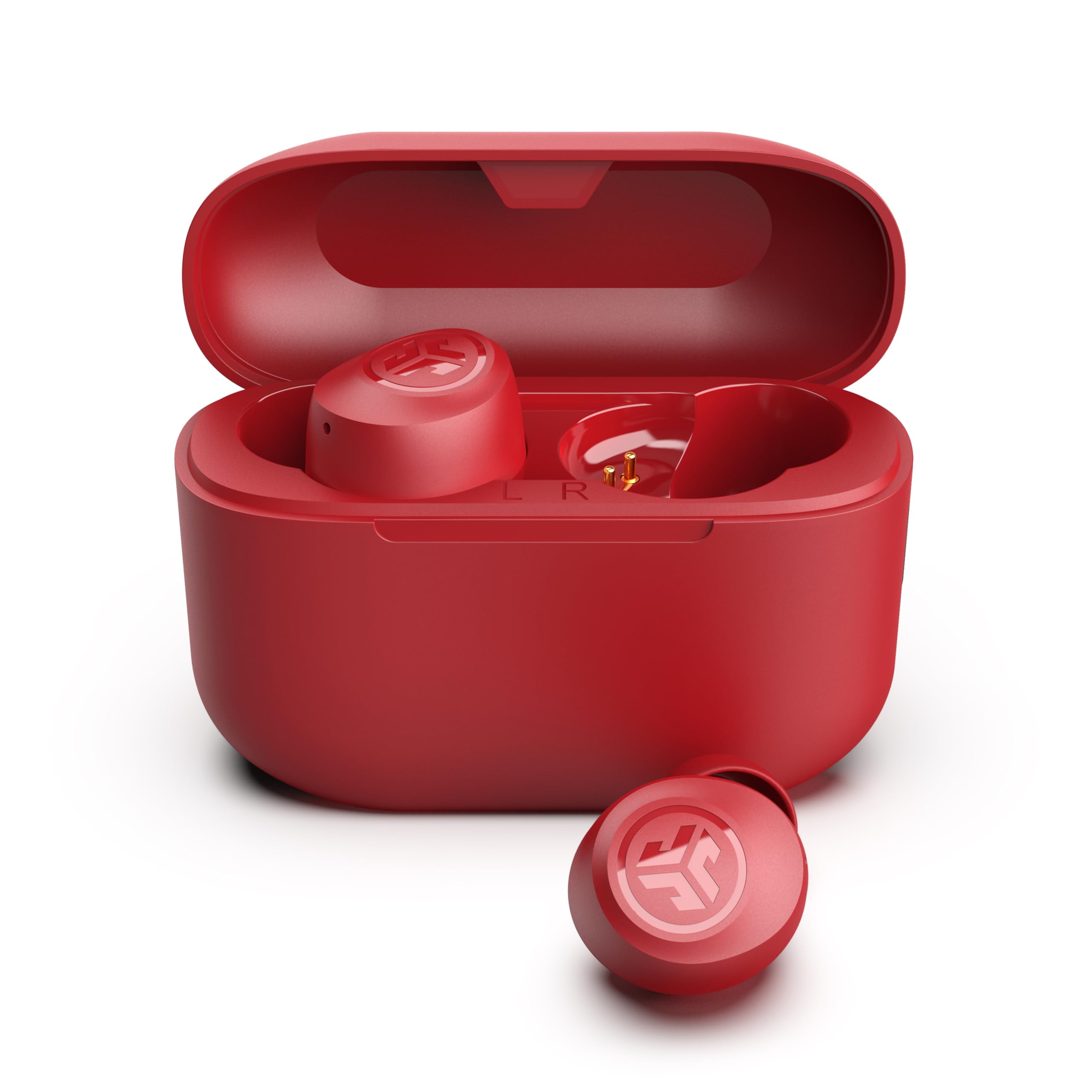 JLab auriculares frontales rosa mostrando diseño compacto y comodidad