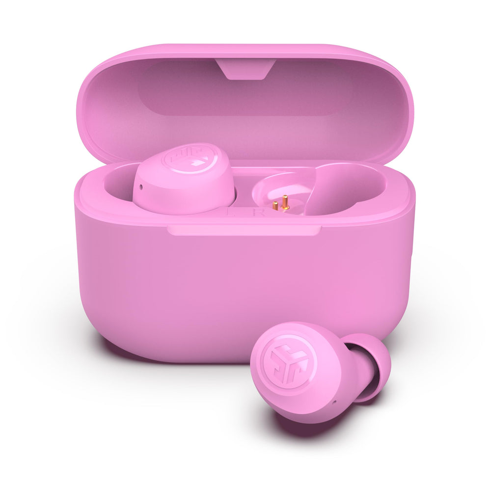 JLab Go Air Pop+ vista frontal del auricular rosa mostrando diseño compacto y atractivo