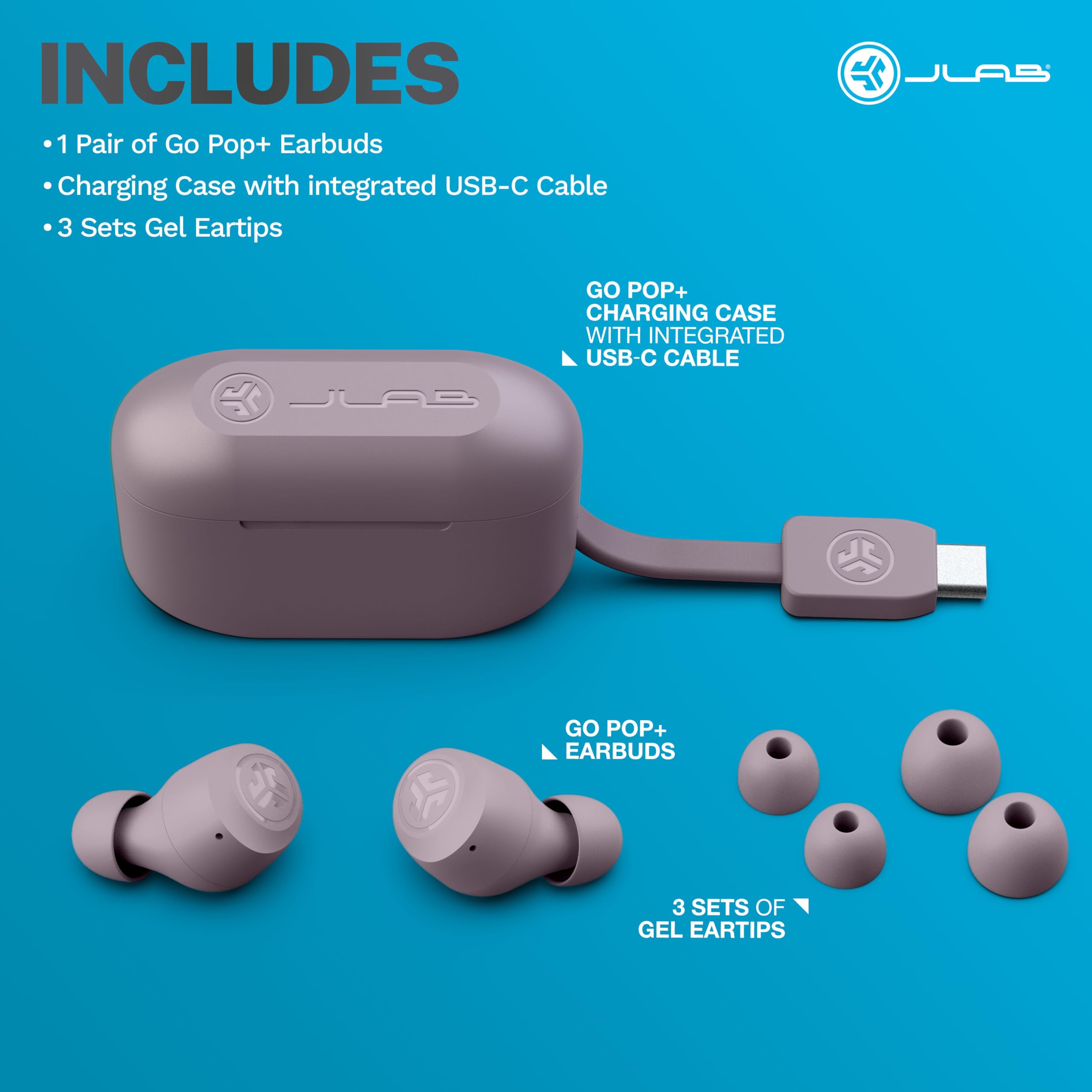 JLab Go Air Pop+ lifestyle image of runner wearing mauve earbuds showing sweat resistance and activity use