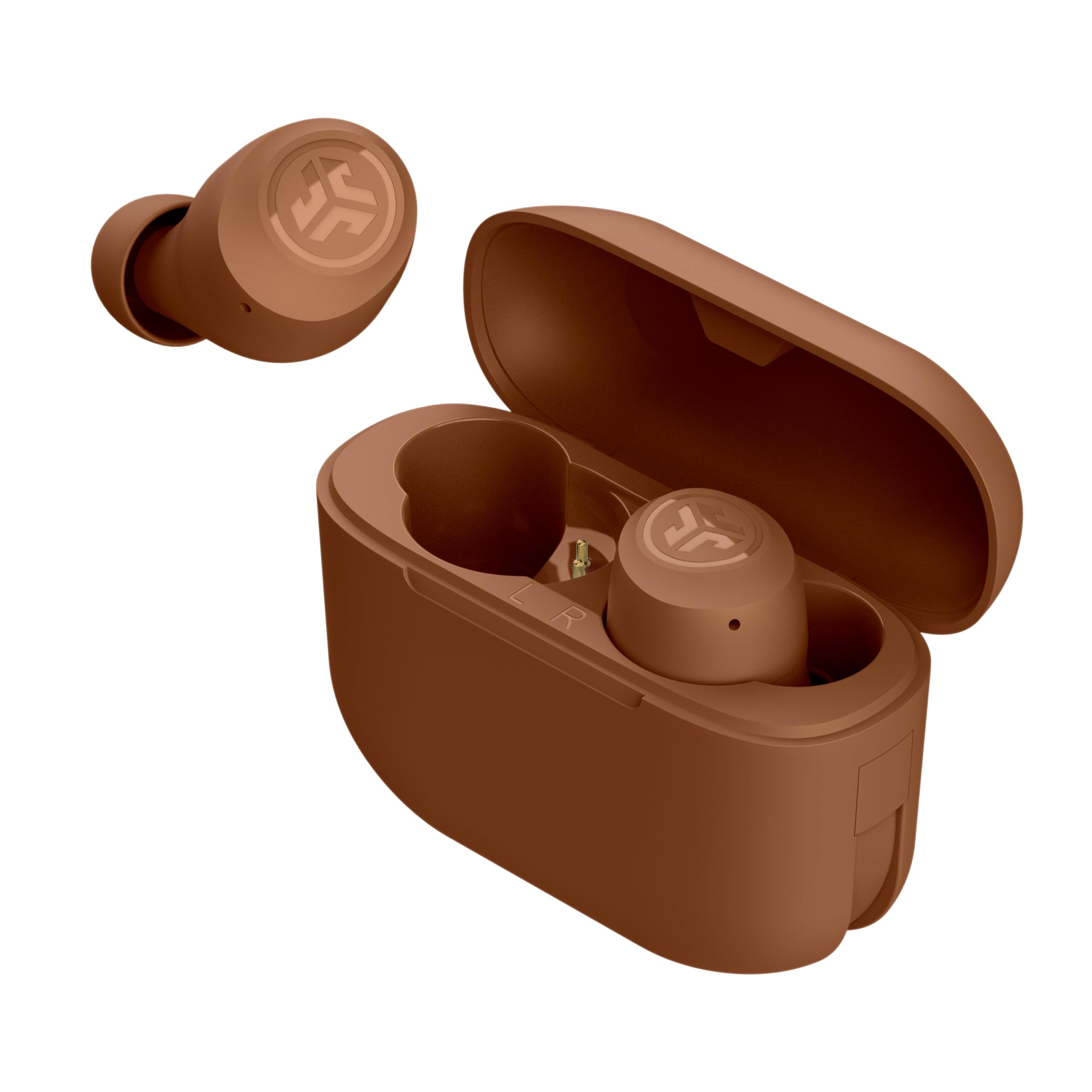 JLab Go Air Pop+ Tones estuche abierto mostrando auriculares y carga USB-C