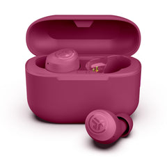 JLab Go Air Pop+ front packaging in dark pink showing design and features