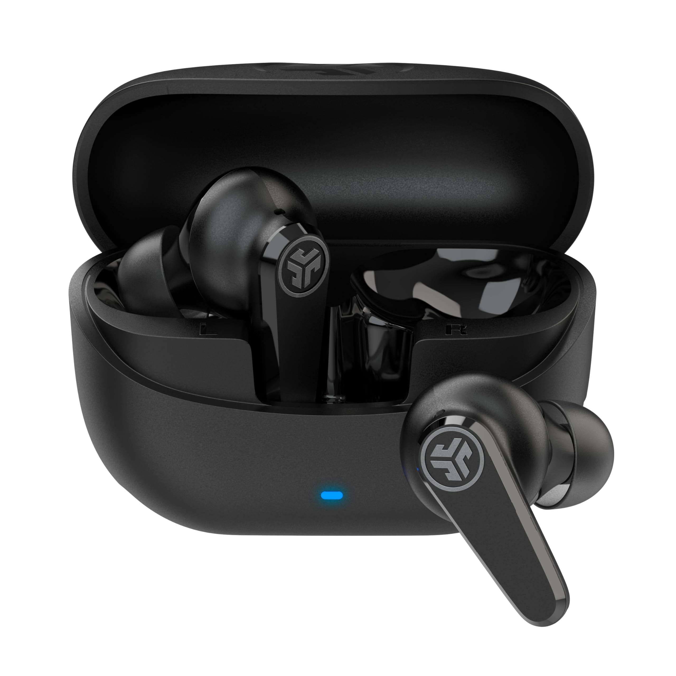 JLab Go Pods ANC vista frontal mostrando estuche y auriculares, claridad y elegancia