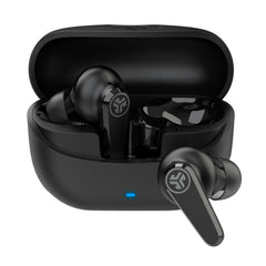 JLab Go Pods ANC vista frontal mostrando estuche y auriculares, claridad y elegancia