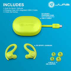 JLab auricular en uso durante carrera mostrando sujeción firme y sudor resistente