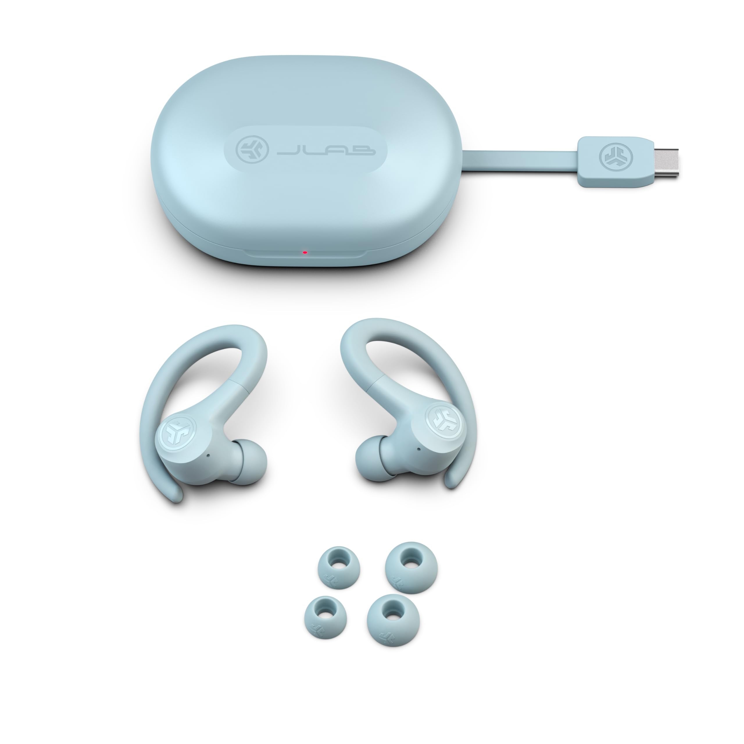 JLab estuche abierto con cable USB integrado listo para cargar