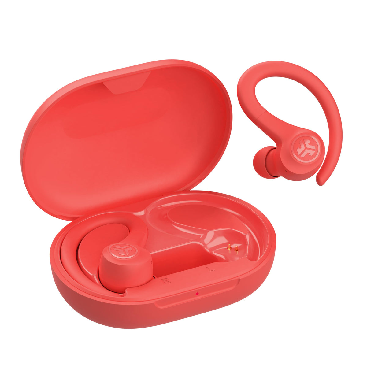 JLab Go Sport+ front view showing coral color and compact case for easy portability