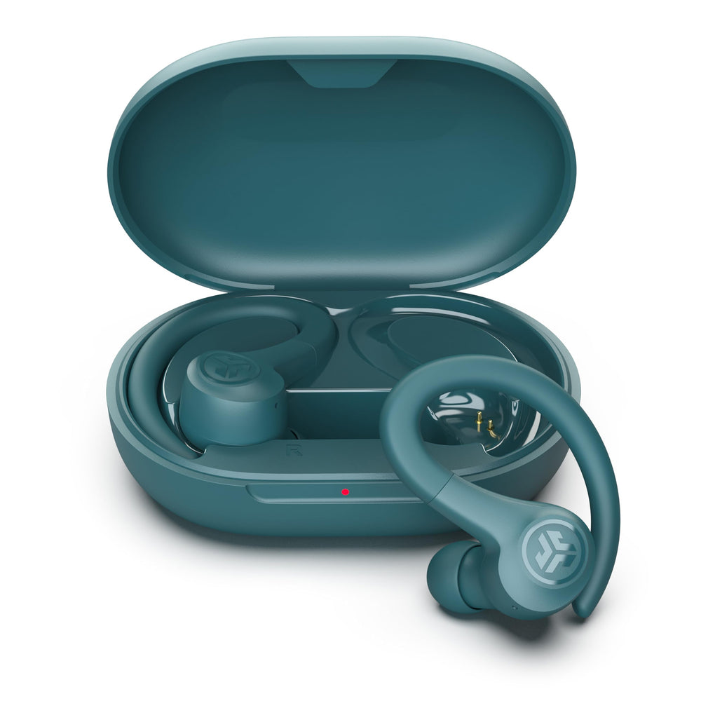 JLab auriculares frontales teal mostrando diseño y ajuste cómodo