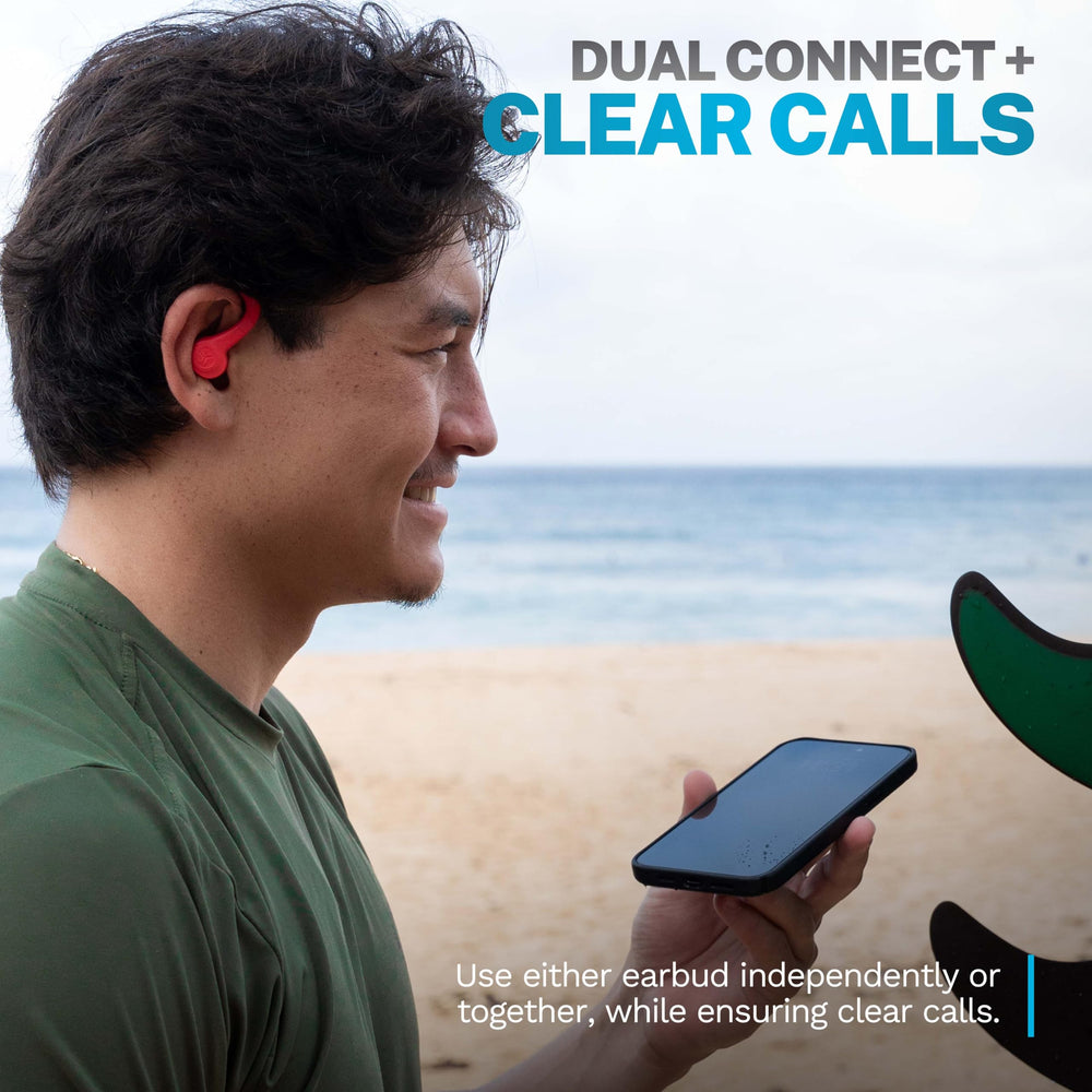 JLab Go Sport+ over-ear hook detail illustrating stable sport fit for workouts