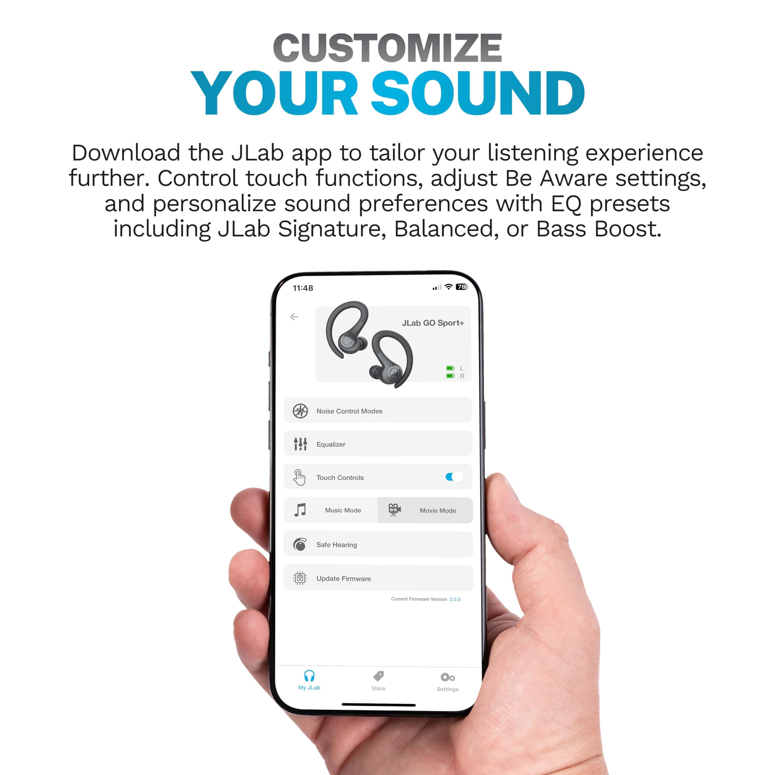 JLab Go Sport+ close-up of earbud texture highlighting sweat-resistant finish