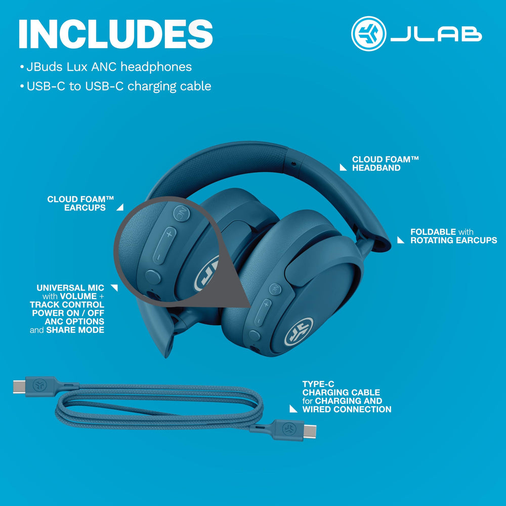 JLab JBuds Lux ANC junto a objetos para comparar tamaño y mostrar portabilidad