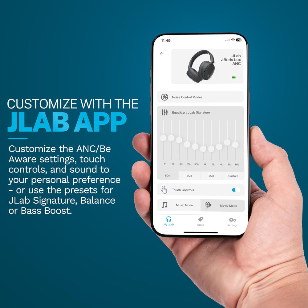 JLab JBuds Lux ANC pantalla de dispositivo conectada por Bluetooth multipunto y cambio automático