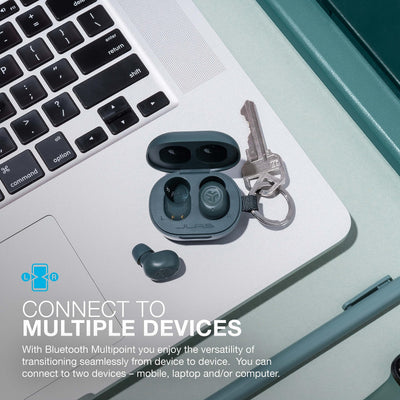JLab JBuds Mini charging case open with earbuds seated - fast recharges on the go