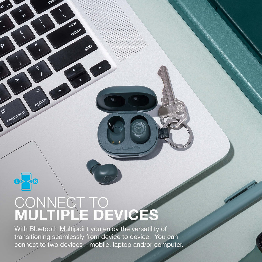 JLab JBuds Mini charging case open with earbuds seated - fast recharges on the go