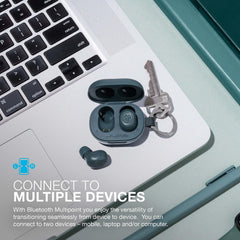 JLab JBuds Mini charging case open with earbuds seated - fast recharges on the go