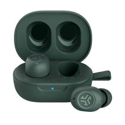 JLab JBuds Mini front packaging in sage showing compact case and earbuds - convenient portability