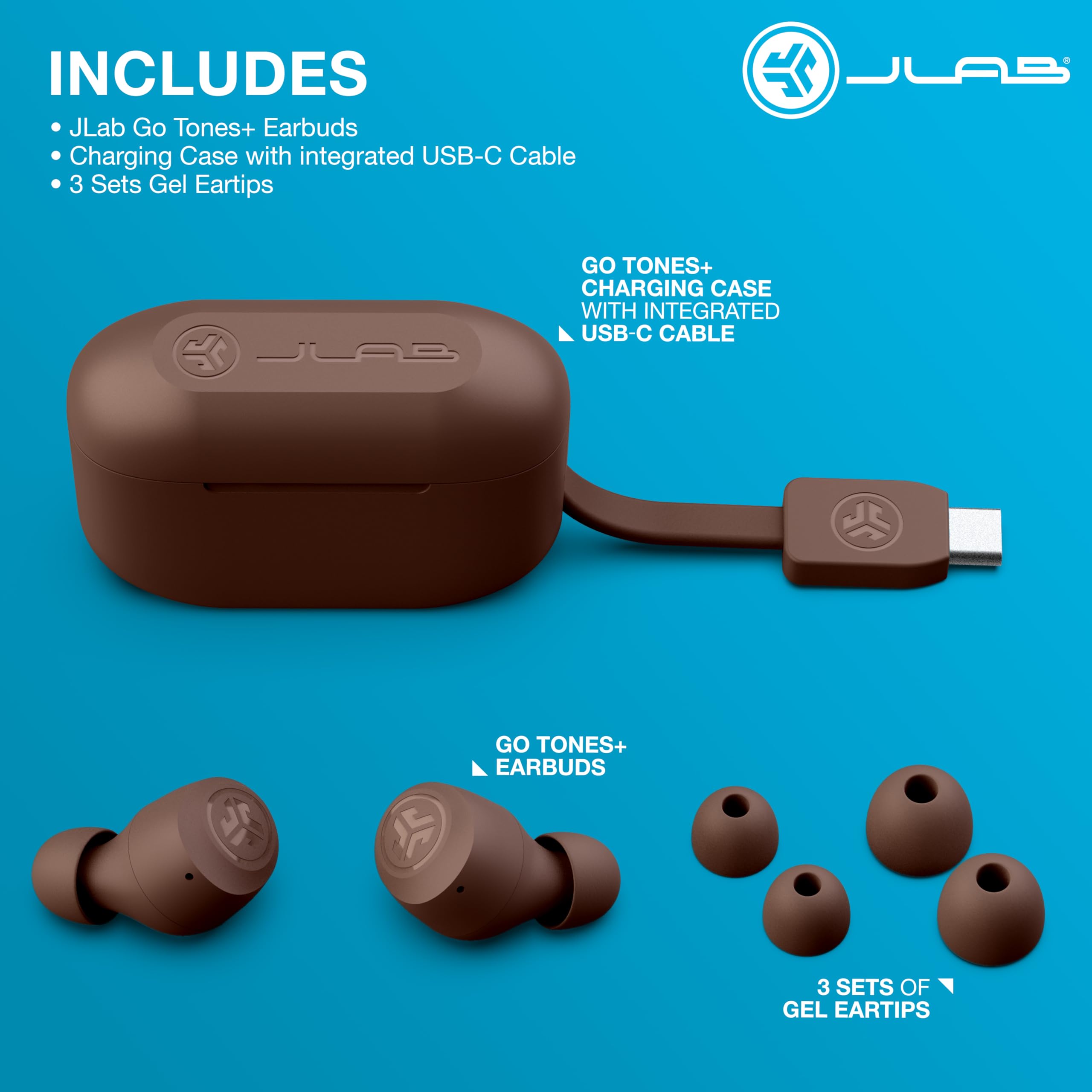JLab estuche con cable USB-C conectado, recarga rápida y universal
