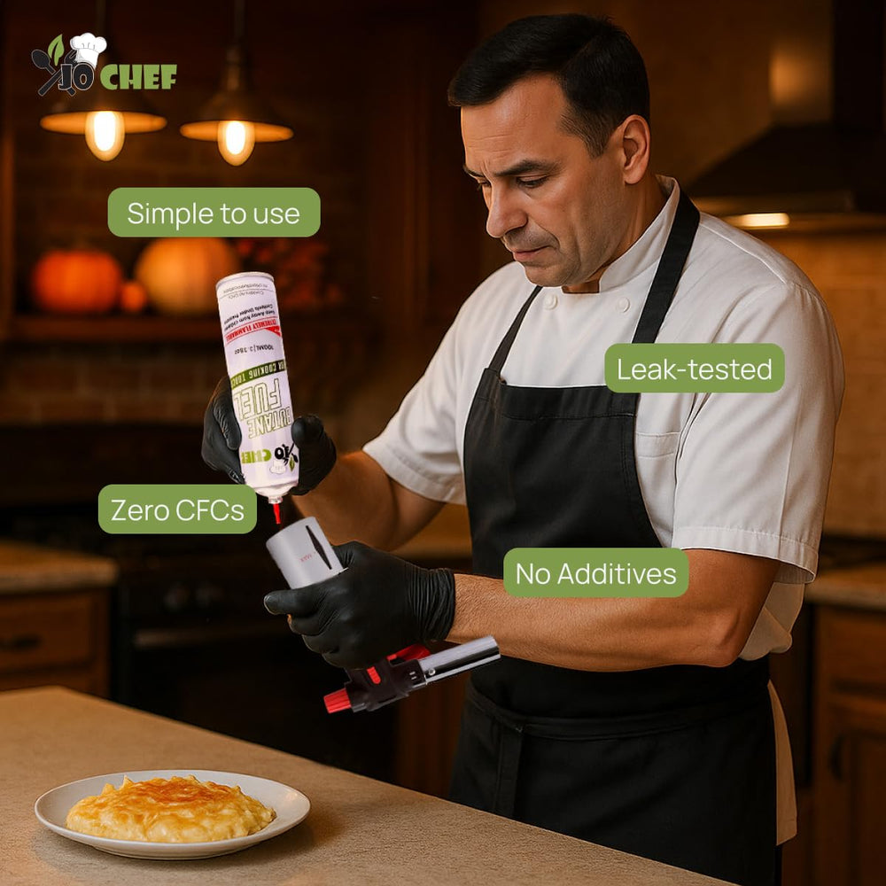 Jo Chef en cocina junto a soplete listo para preparar platos