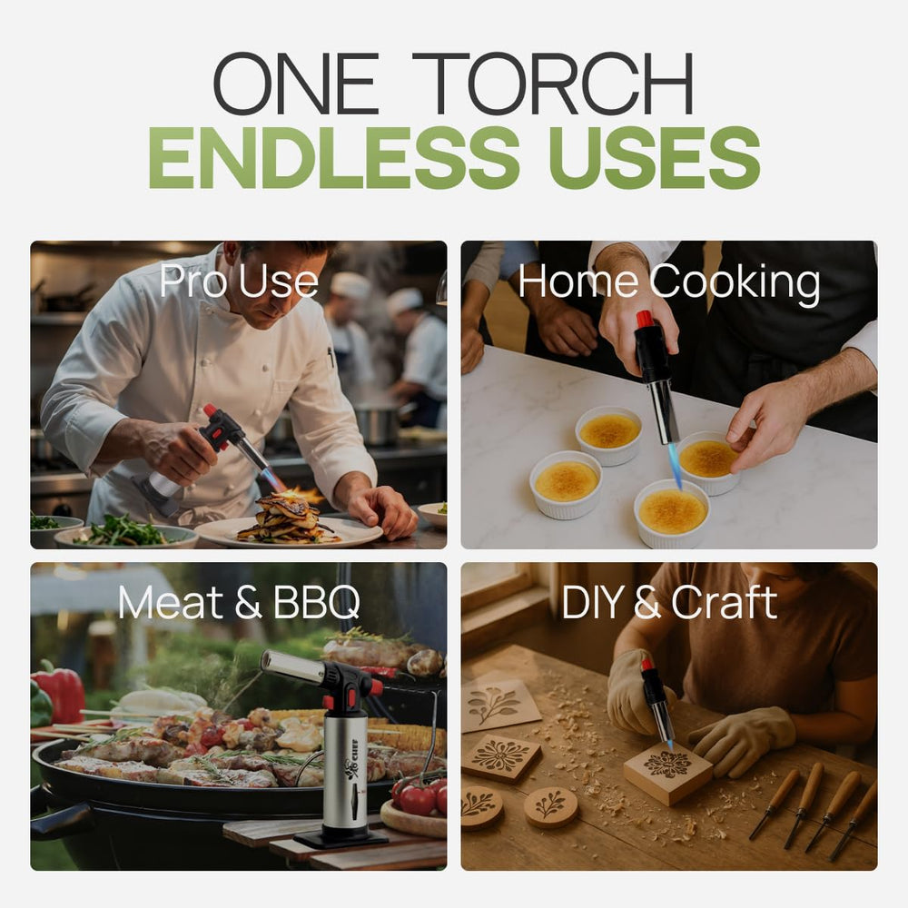 Jo Chef manos usando soplete para sellar carne con precisión