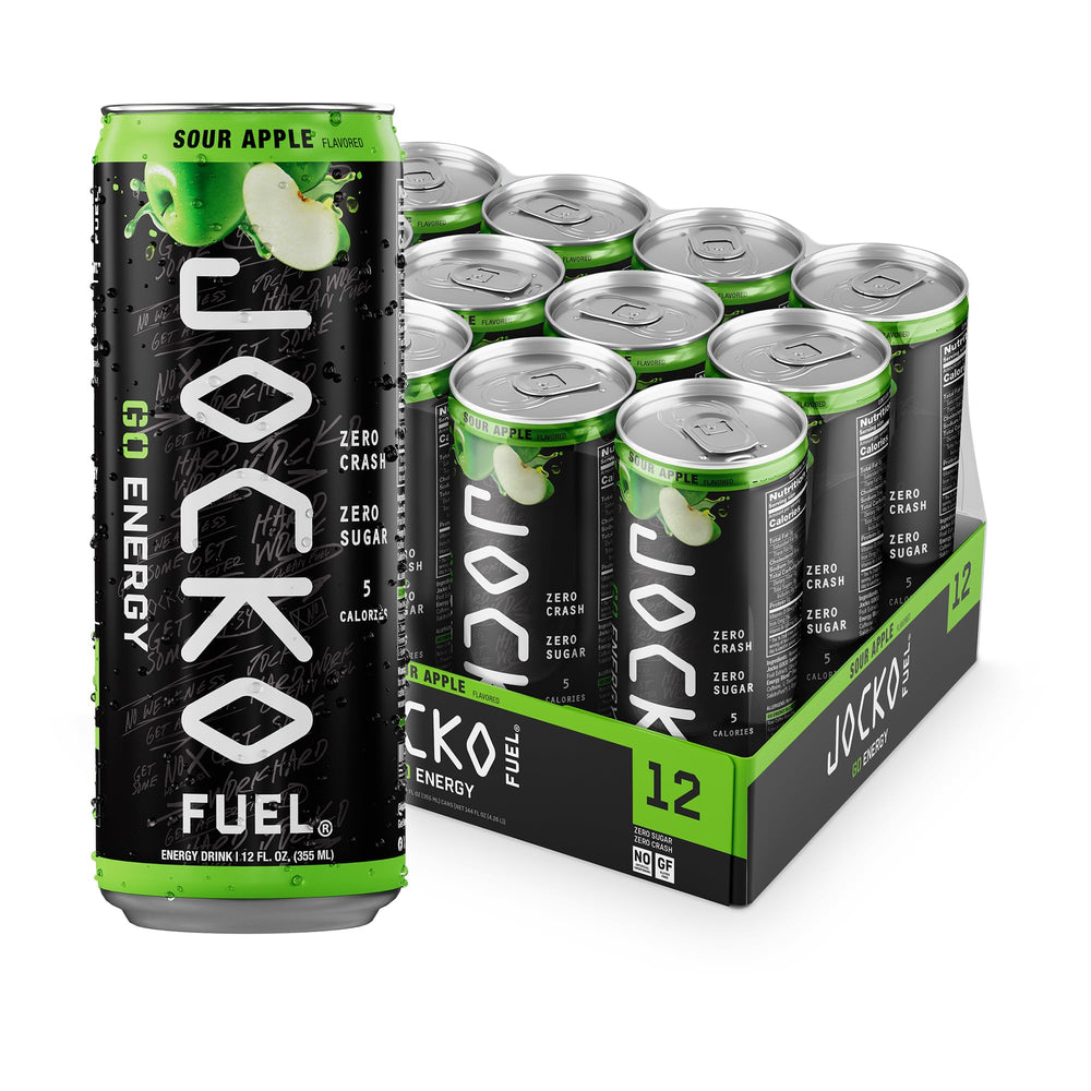 Origin Jocko Fuel GO frontal de lata mostrando sabor Sour Apple y diseño atractivo