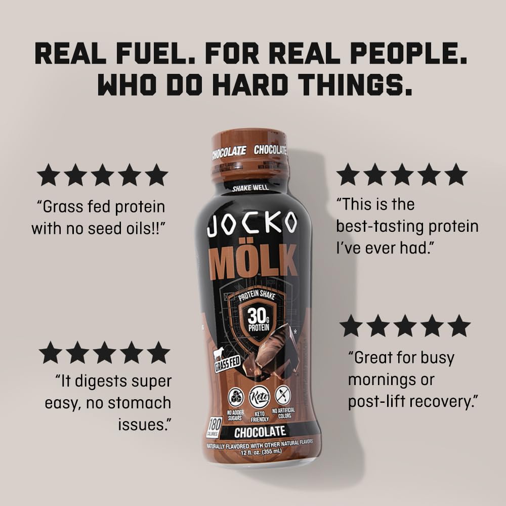 Jocko Mölk enfoque en ingredientes y leyenda de 30 g proteína grass-fed