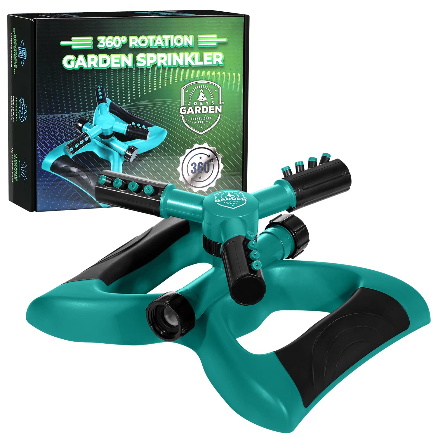 Joeys Garden aspersor frontal mostrando diseño estable y funcionalidad