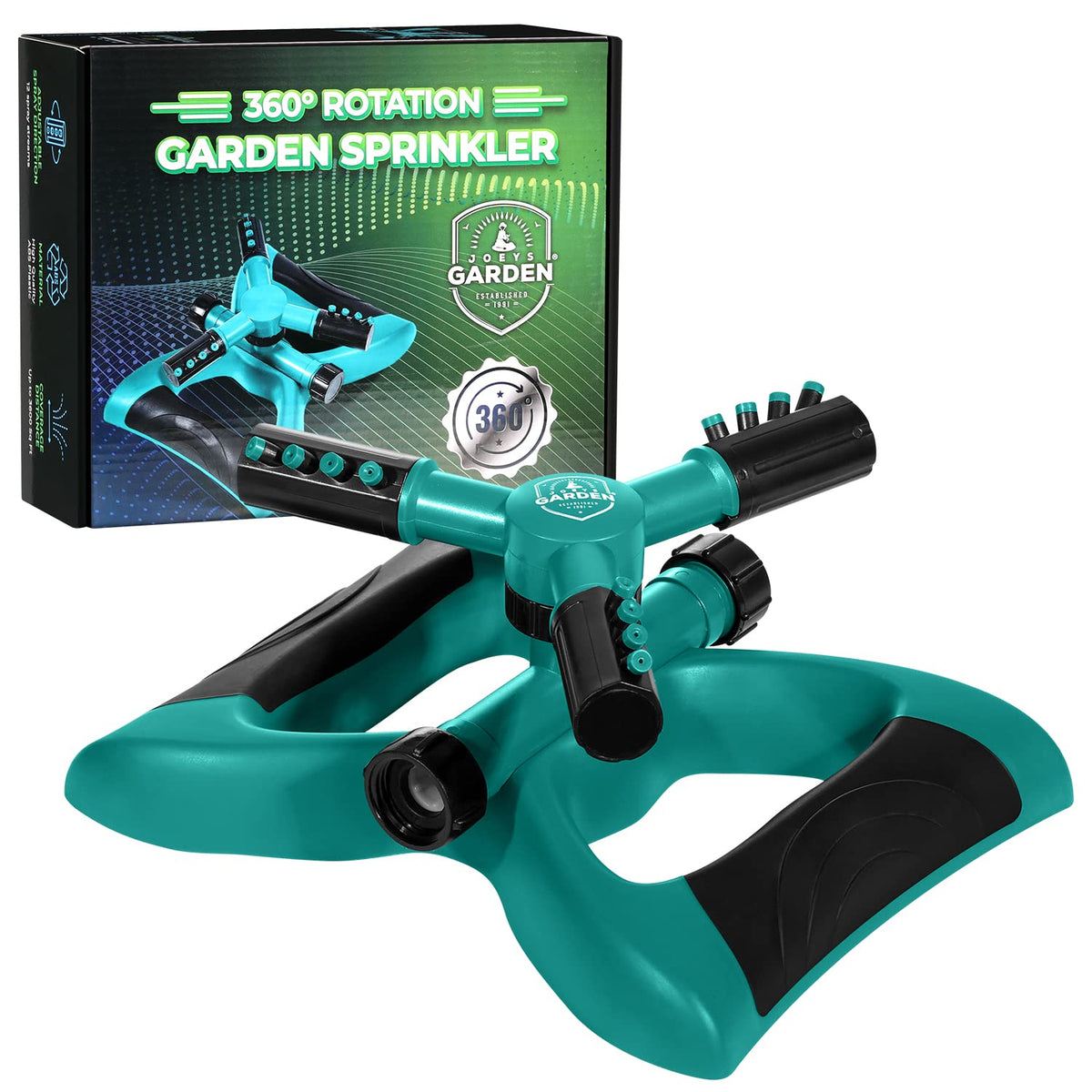 Joeys Garden aspersor frontal mostrando diseño estable y funcionalidad