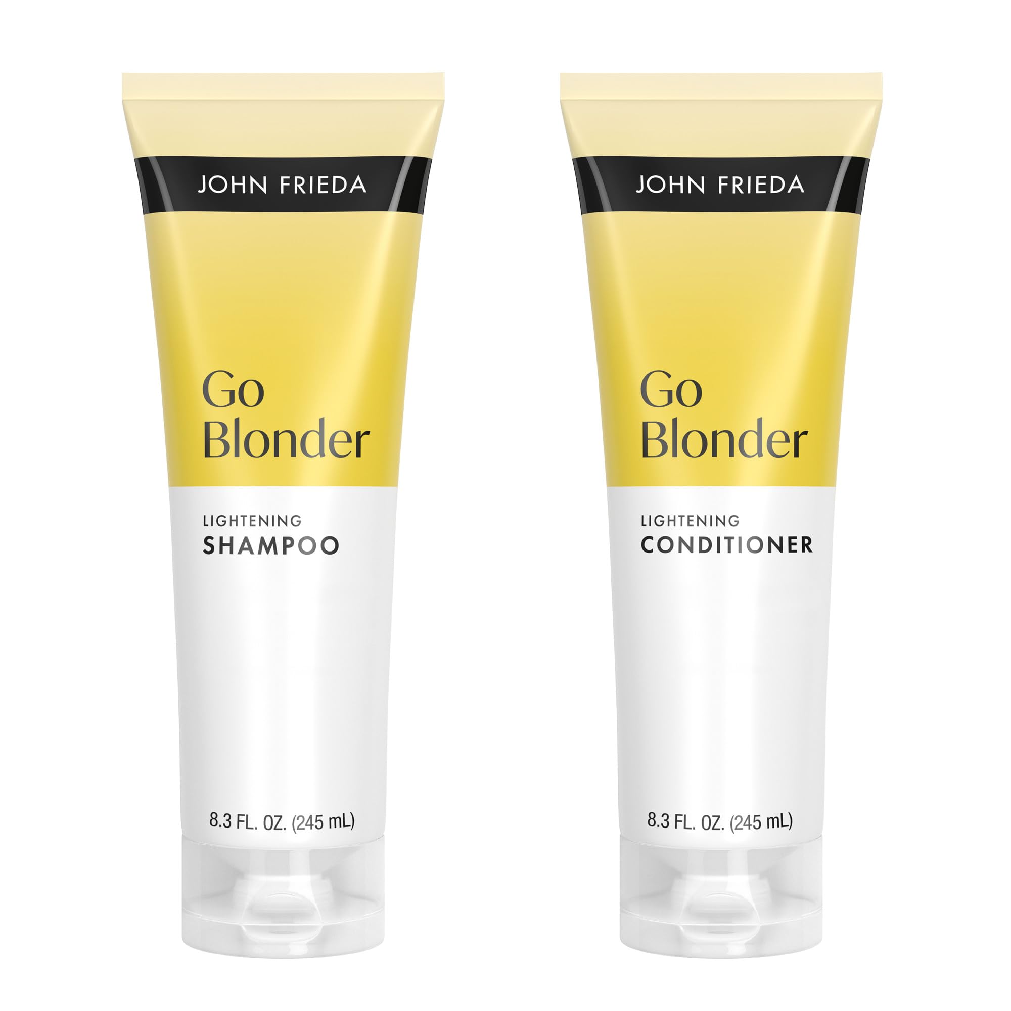 John Frieda pack frontal mostrando champú y acondicionador para rubios brillantes