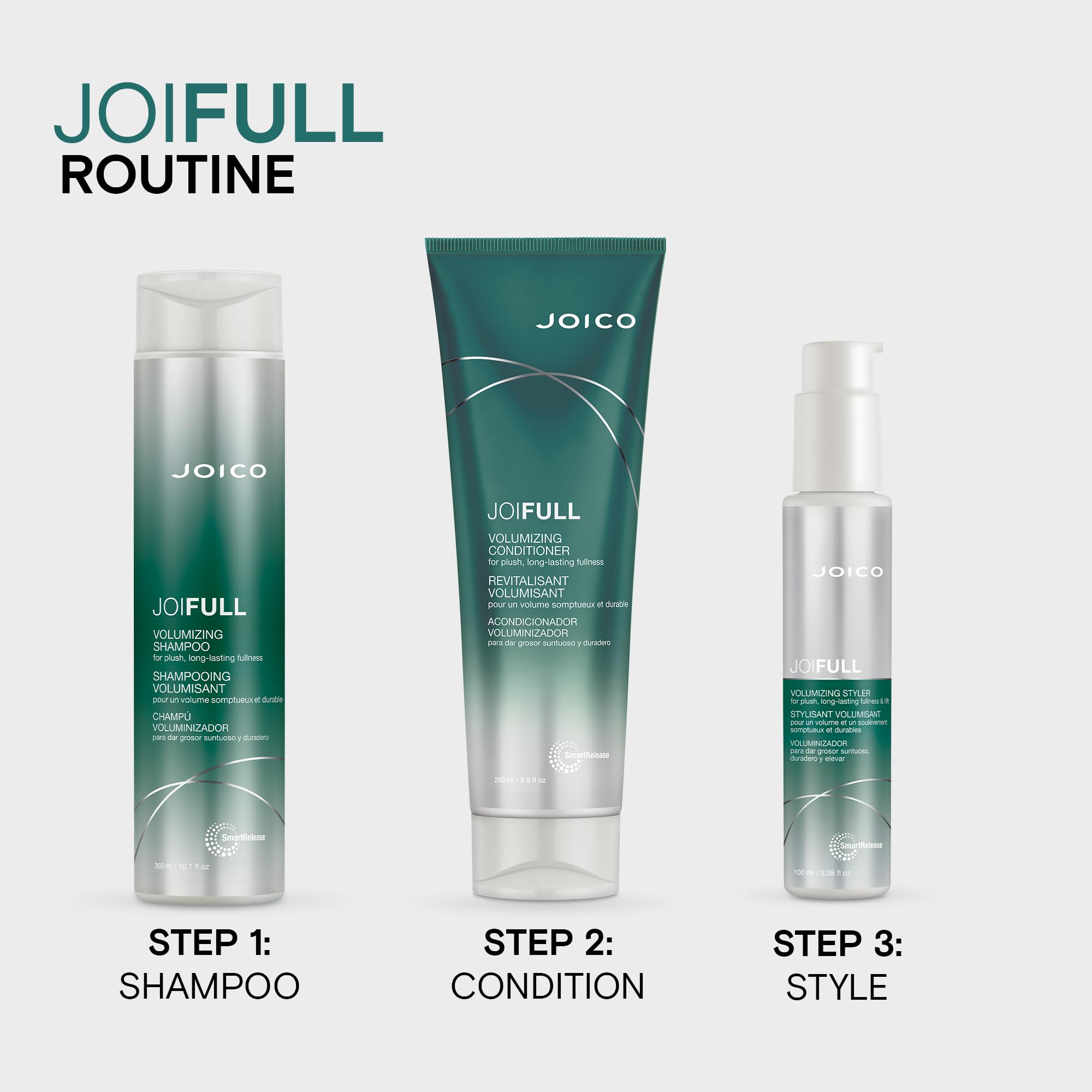 Joico en ambiente de baño moderno que sugiere rutina voluminizadora