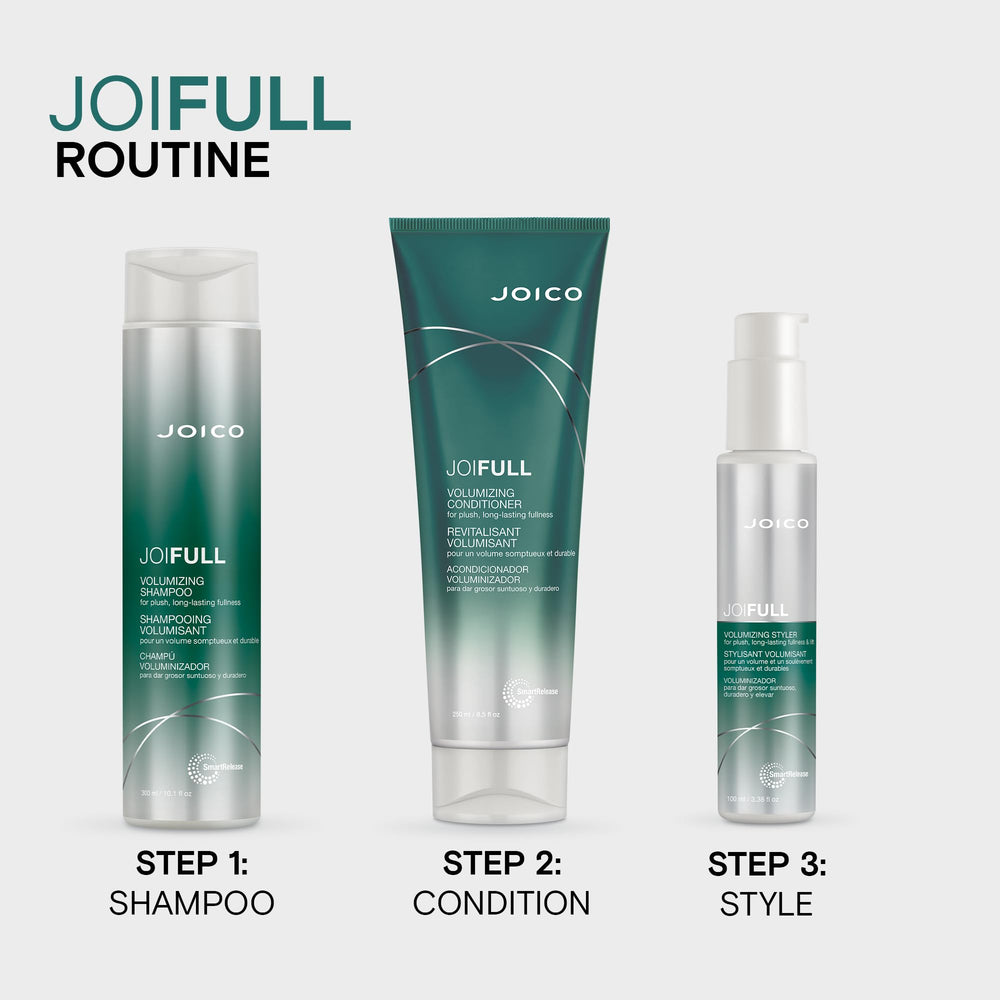 Joico en ambiente de baño moderno que sugiere rutina voluminizadora