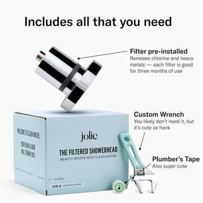 Jolie Skin Company showerhead spraying high-pressure filtered water for cleaner rinses