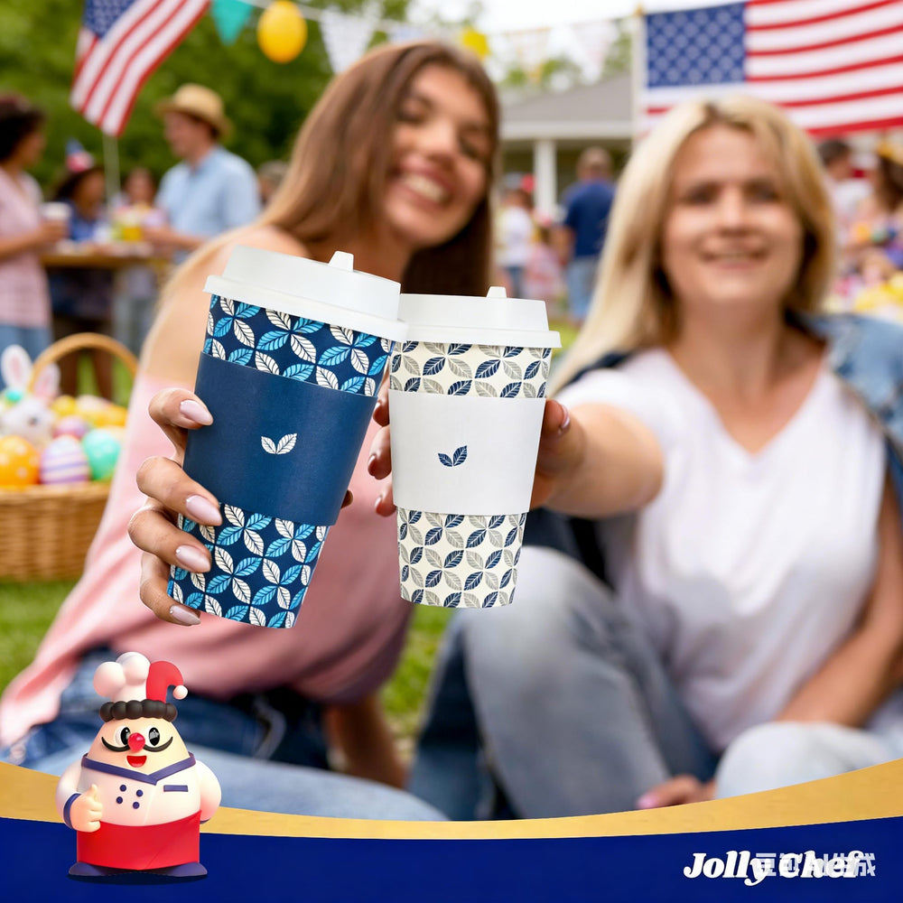 JOLLY CHEF comparación de tamaño 16 oz junto a una taza para escala clara