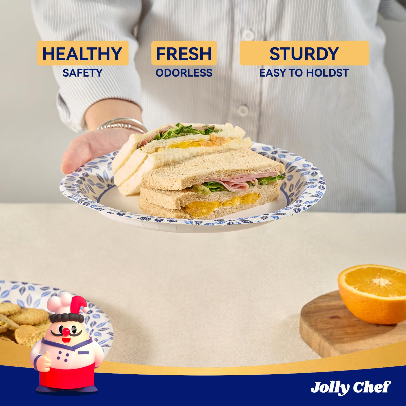 JOLLY CHEF plato junto a una mano para comparar tamaño y escala