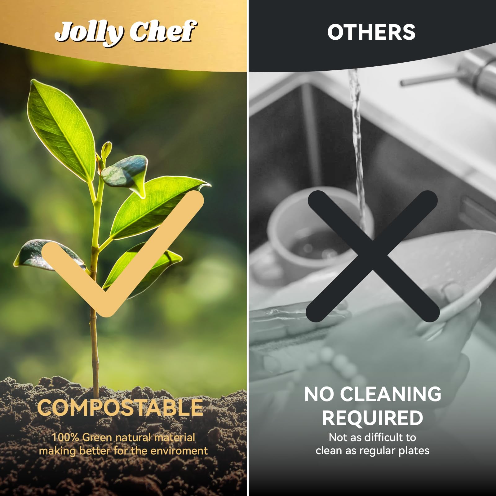 JOLLY CHEF etiqueta con material bagazo destacando compostabilidad